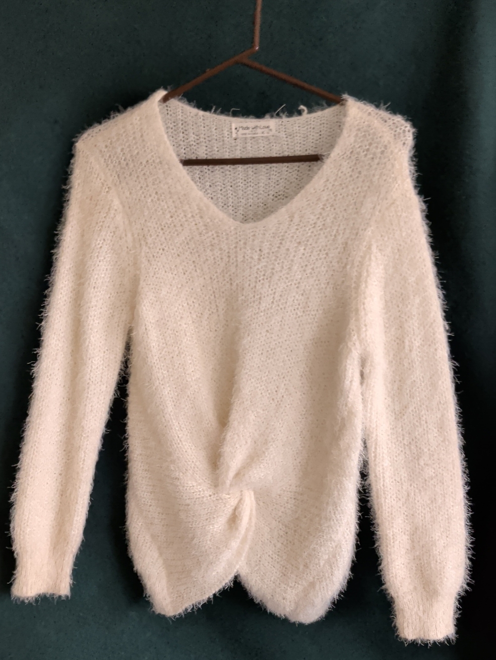 V-Neck Cream Fuzzy Twist Front Sweater